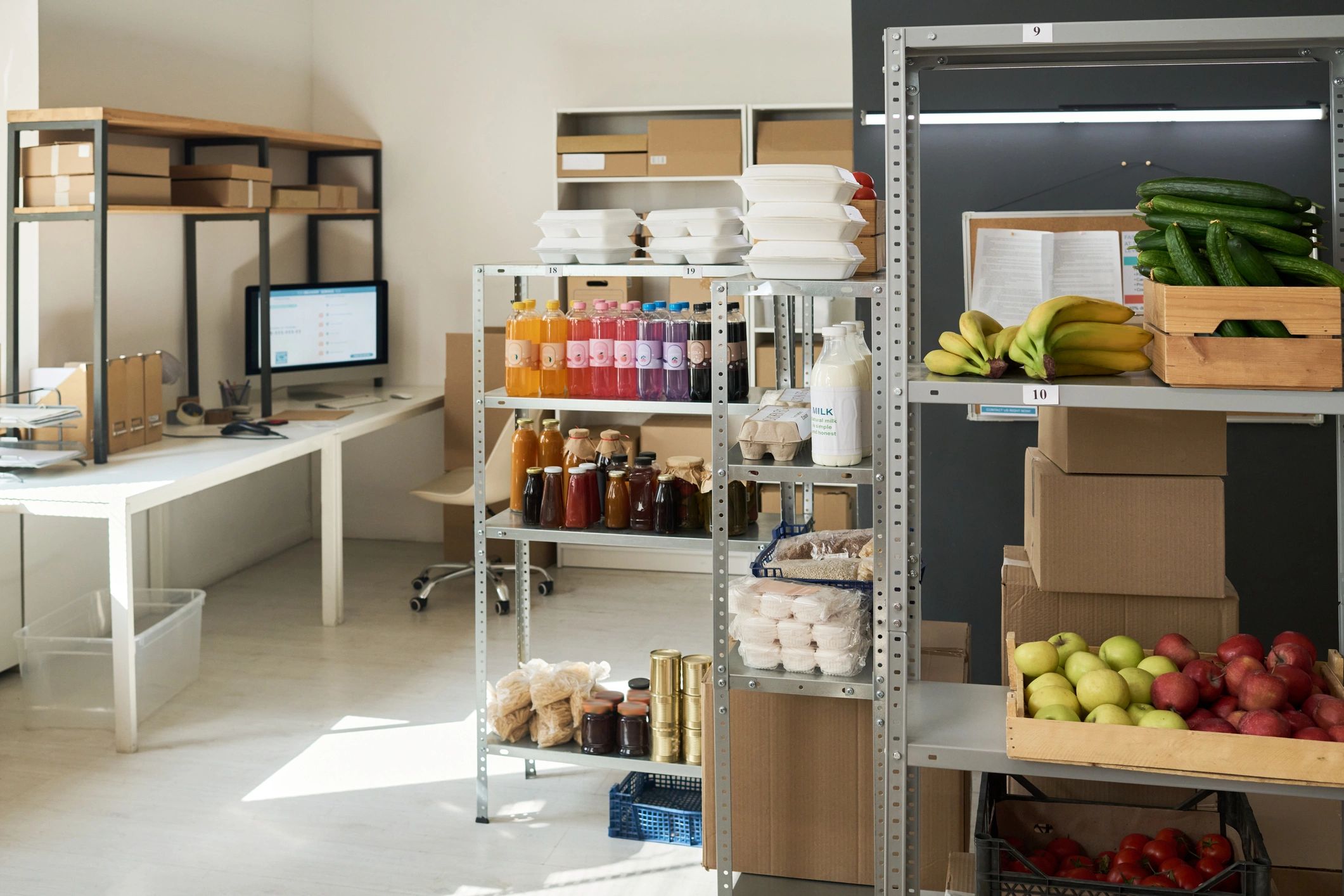 Retail fulfillment area with packaged food, drinks and shipping boxes