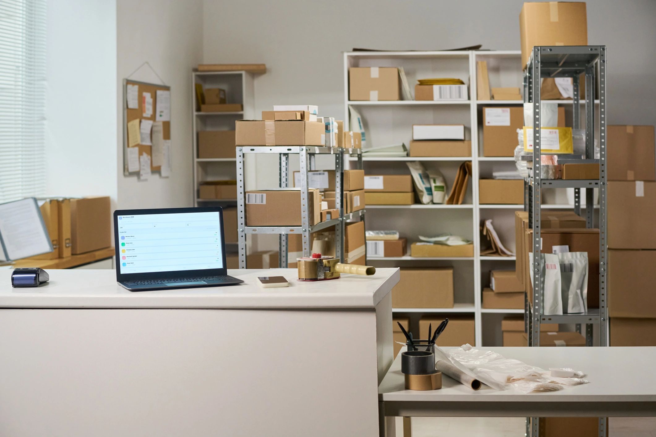 E-commerce fulfillment workspace with laptop and inventory supplies